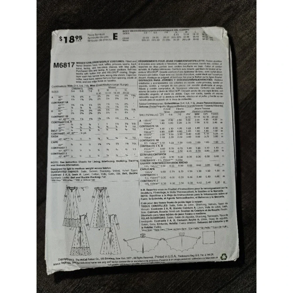 McCalls M6817 Princess Costume Sewing Pattern 3 - 8 Children Girls Uncut